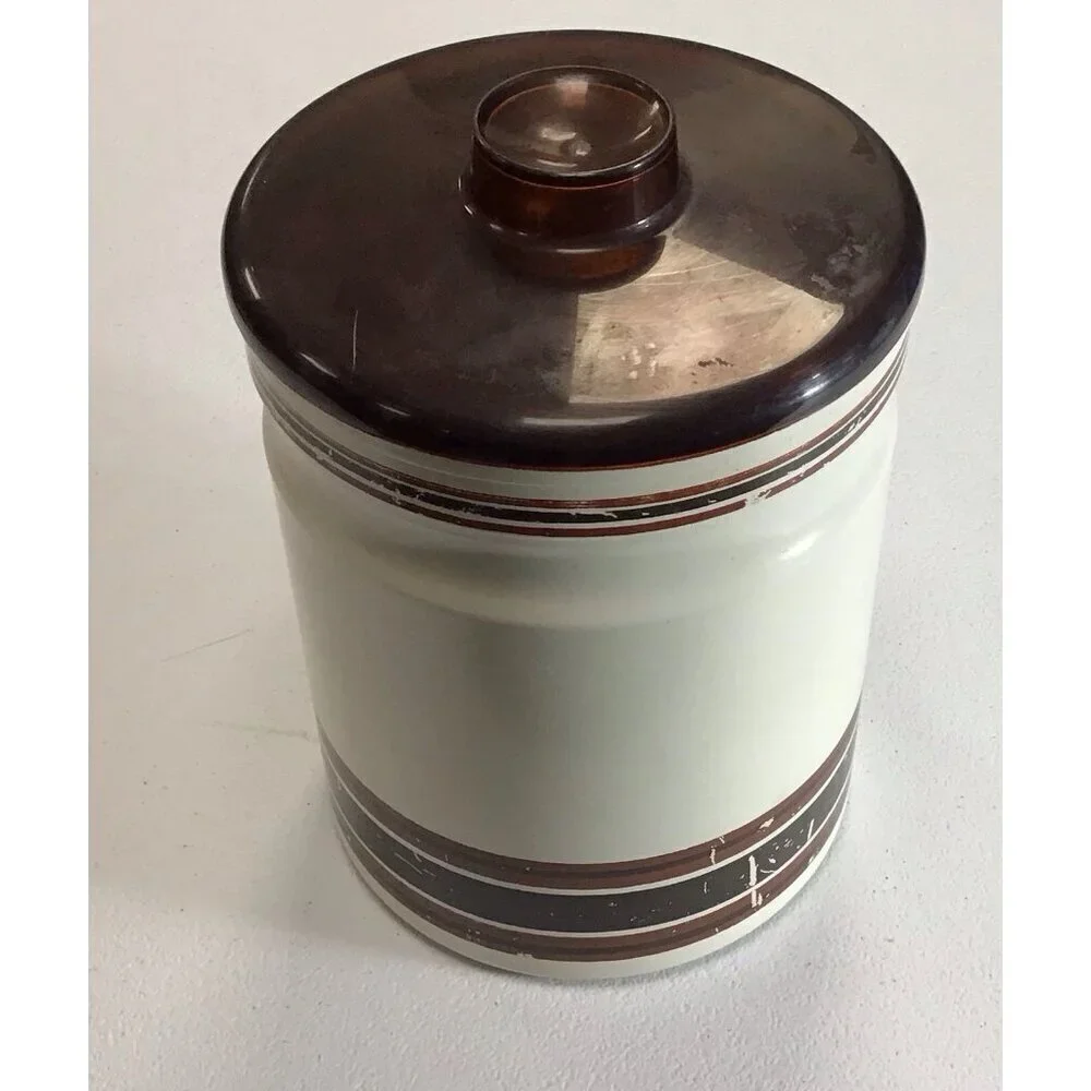 Vintage/Retro Set 4 Kromex Tan Brown Stripes Nesting Aluminum Canisters W/ LIDS